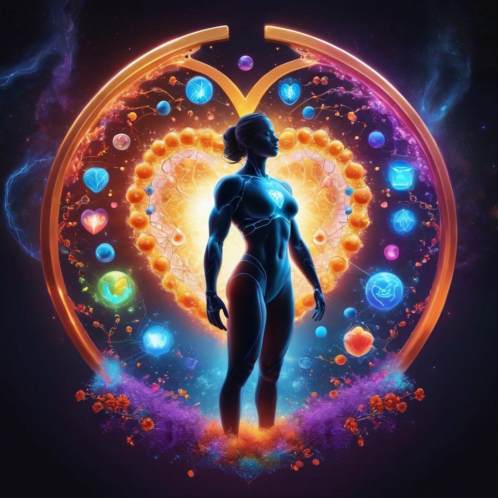 A vibrant scene showing a person radiating health and energy amidst a backdrop of colorful, interconnected molecules representing immune boosters. Include elements like a shield glowing with protection and small icons symbolizing wellness (e.g., hearts, muscles, and nature). Blend in a futuristic, scientific ambiance to highlight the advanced nature of Inmunocal. super-realistic. vibrant colors. futuristic.