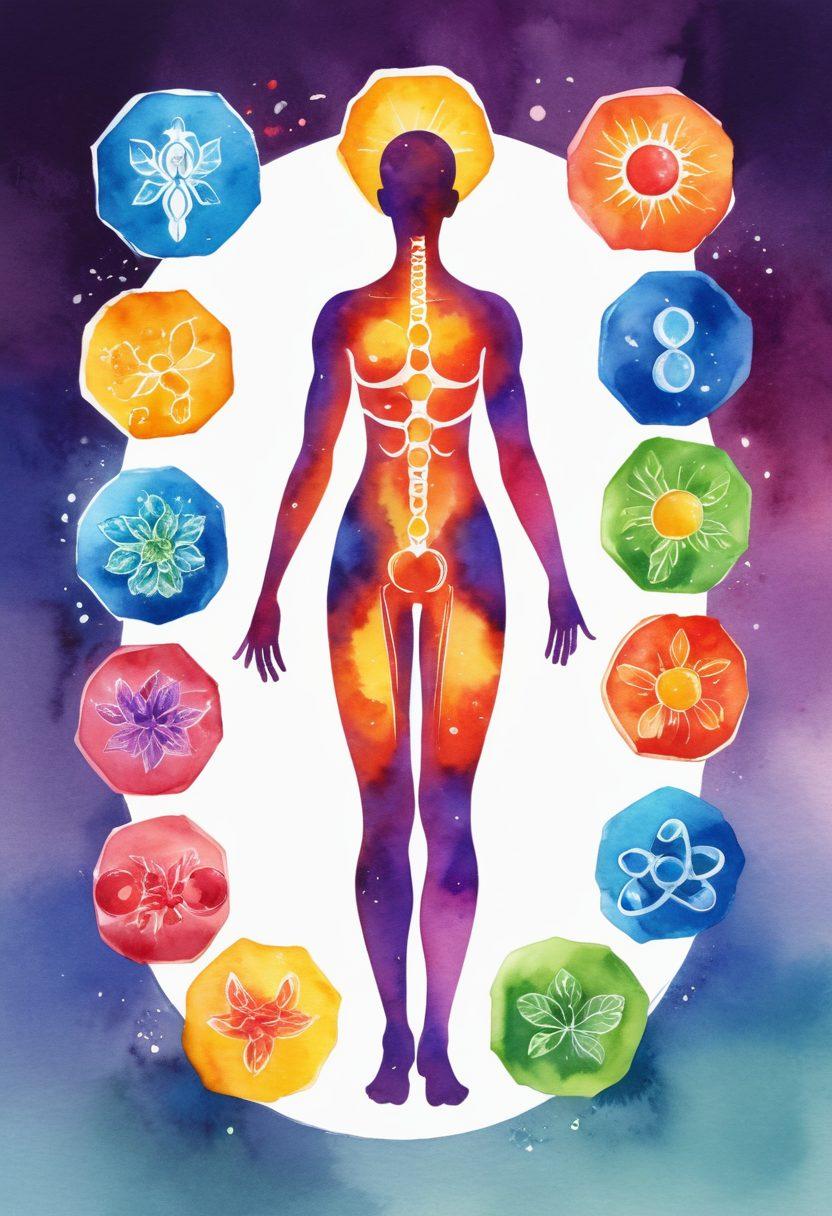 A vibrant depiction of a human figure showcasing an aura of glowing, radiant health and wellness, symbolically surrounded by shields representing enhanced immunity. Incorporate elements such as a DNA double helix, energetic cells, and botanical supplements like herbs. The central focus should be on the Inmunocal product, represented as a sleek, modern package exuding vitality. watercolor. vibrant colors.
